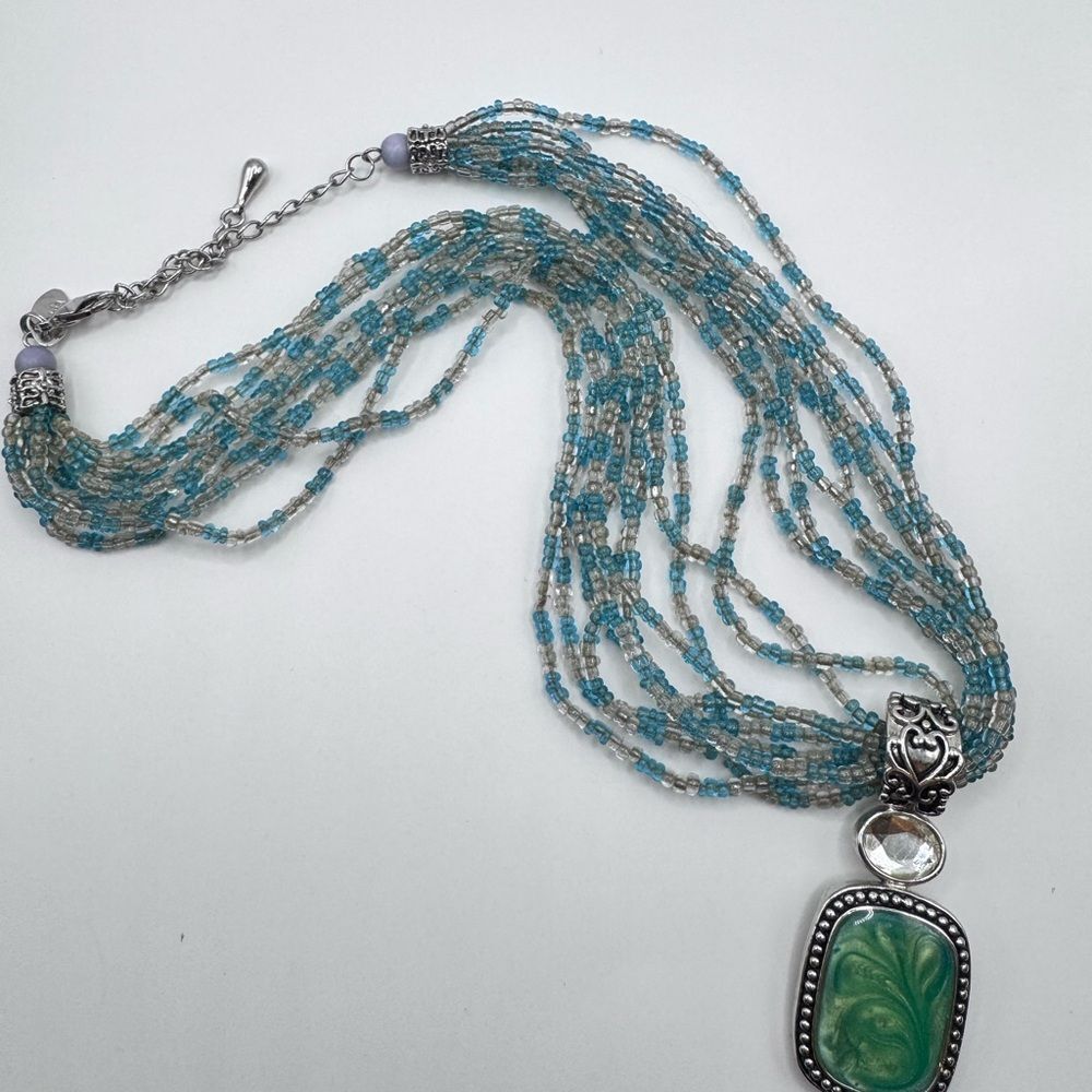 Lia Sophia Multi-Strand Seed Beaded Necklace Green Pendant Boho Beachy Statement